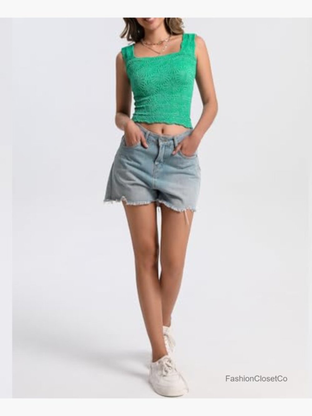 Square Neck Wide Strap Crop Tank Top Lettuce Trim Cami Going Out Top - Picture 5 of 6